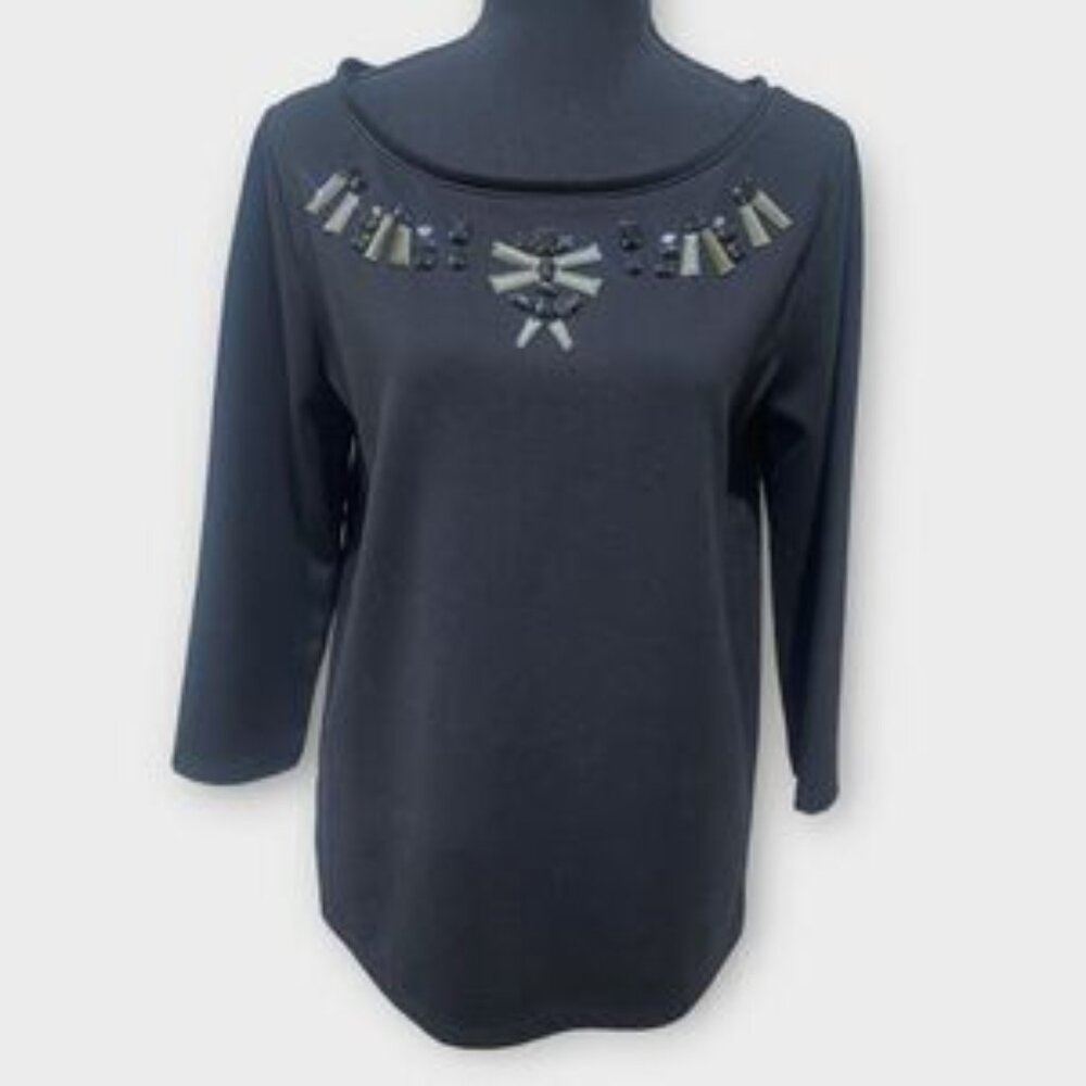 Ann Taylor Jewel Neck Black 3/4 sleeve blouse Size M